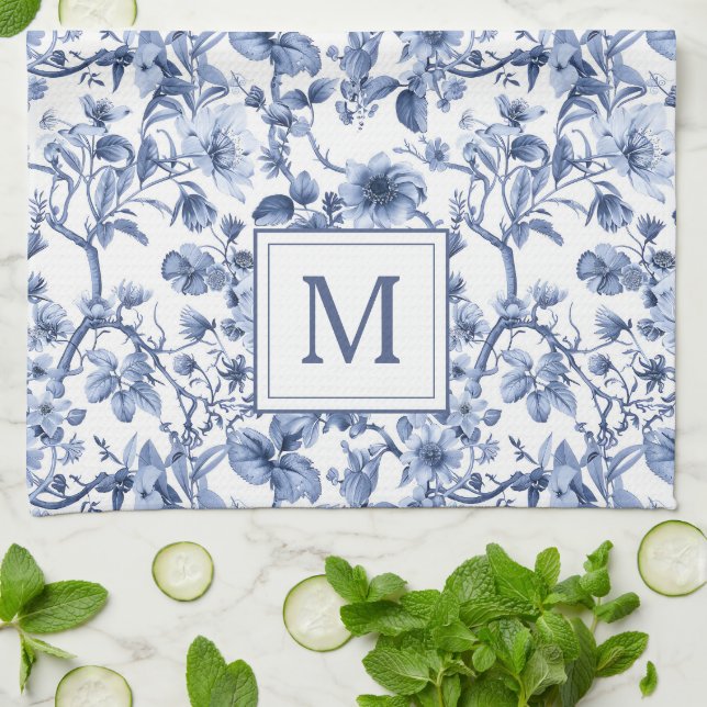 Blue Chinoiserie Toile Pattern Monogram Kitchen Towel (Folded)