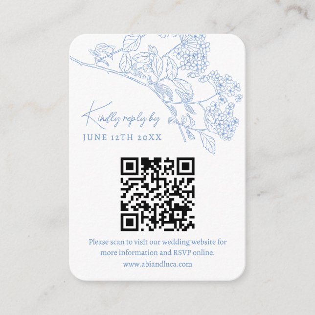 Blue Chinoiserie Toile Weddin Website RSVP QR code Enclosure Card (Front)
