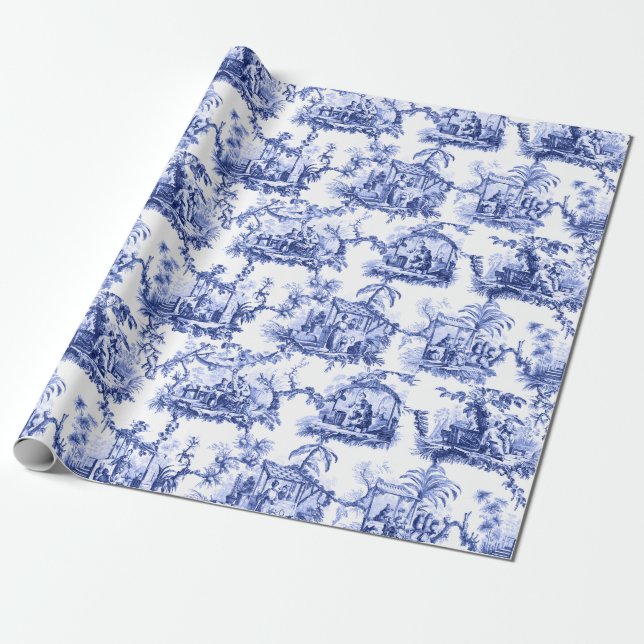 Blue Chinoiserie Toile Wrapping Paper (Unrolled)