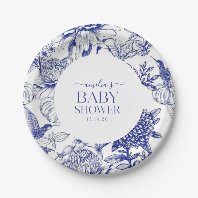 Blue Chinoiserie Victorian Floral baby shower  Paper Plates (Front)
