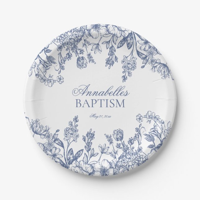 Blue Chinoiserie Vintag Floral Baptism Dessert Paper Plates (Front)