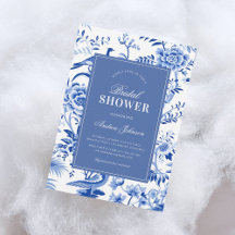 Blue chinoiserie vintage bridal shower invite