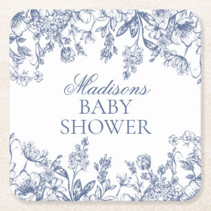 Blue Chinoiserie Vintage Floral Baby Shower Square Paper Coaster