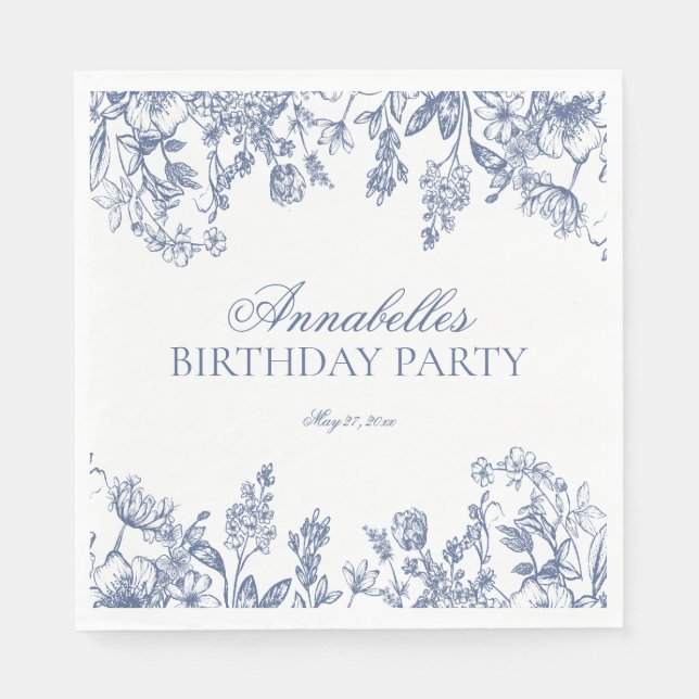 Blue Chinoiserie Vintage Floral Birthday Dessert Napkins (Front)