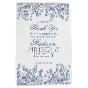 Blue Chinoiserie Vintage Floral Birthday Favors Medium Gift Bag
