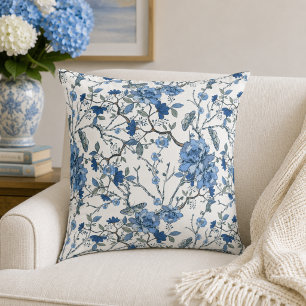 Blue Chinoiserie Vintage Floral Botanical Throw Pillow