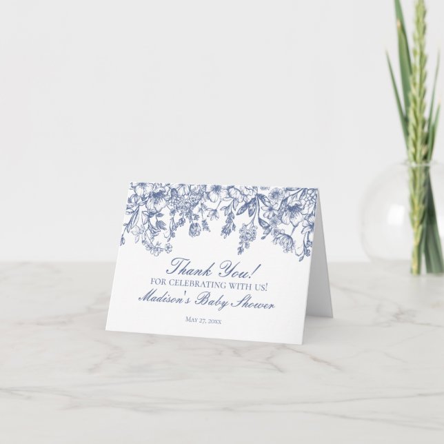 Blue Chinoiserie Vintage Floral Thank You Card  (Front)