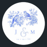 Blue Chinoiserie Vintage Love Birds Wedding Classic Round Sticker<br><div class="desc">French Blue Floral Chinoiserie Vintage Love Birds Wedding stickers. Personalize with your monogram and wedding date.</div>