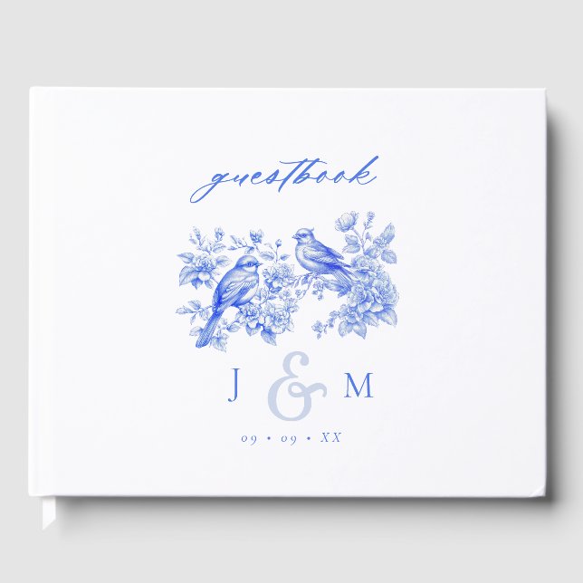 Blue Chinoiserie Vintage Love Birds Wedding Guest Book (Front)