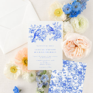 Blue Chinoiserie Vintage Love Birds Wedding Invitation