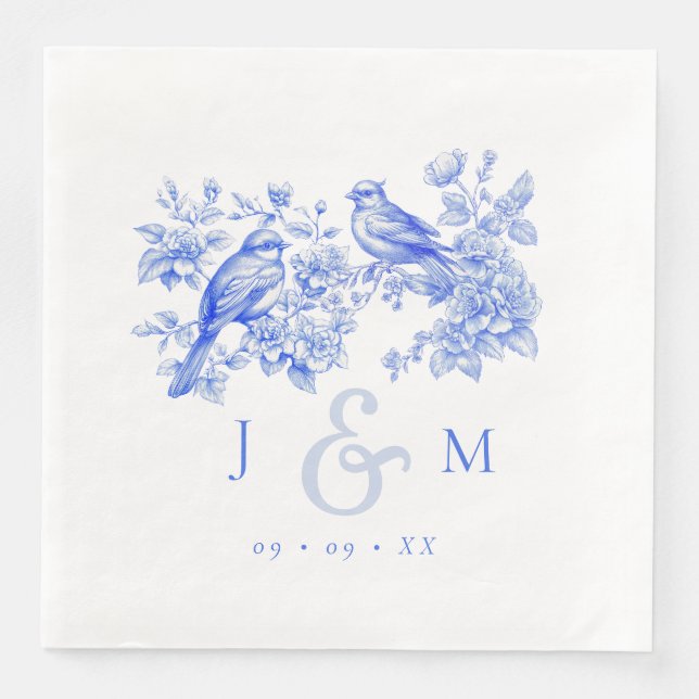 Blue Chinoiserie Vintage Love Birds Wedding Paper Dinner Napkins (Front)