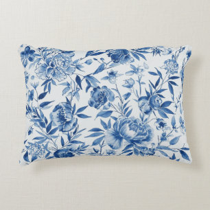 Blue Chinoiserie Watercolor Floral Botanical Accent Pillow