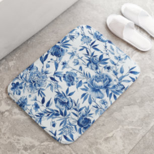 Blue Chinoiserie Watercolor Floral Botanical Bath Mat