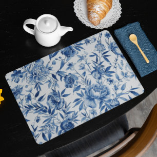 Blue Chinoiserie Watercolor Floral Botanical Cloth Placemat