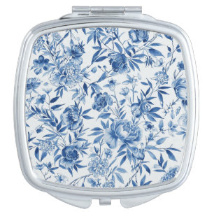 Blue Chinoiserie Watercolor Floral Botanical Compact Mirror