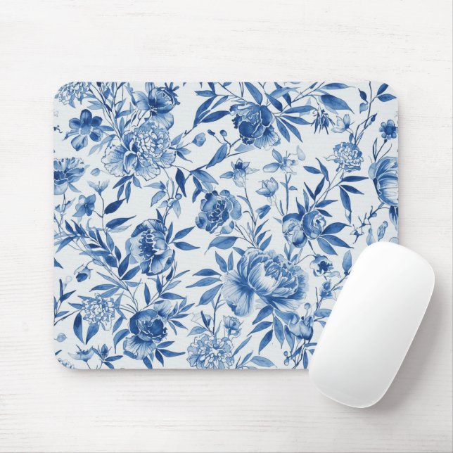 Blue Chinoiserie Watercolor Floral Botanical Mouse Pad (With Mouse)