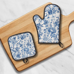 Blue Chinoiserie Watercolor Floral Botanical Oven Mitt & Pot Holder Set