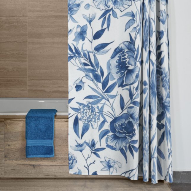 Blue Chinoiserie Watercolor Floral Botanical Shower Curtain (Creator Uploaded)