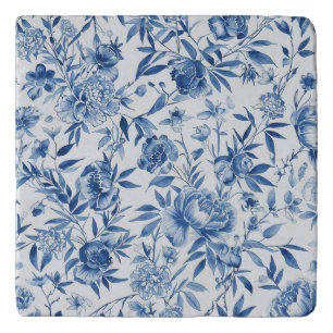 Blue Chinoiserie Watercolor Floral Botanical Trivet