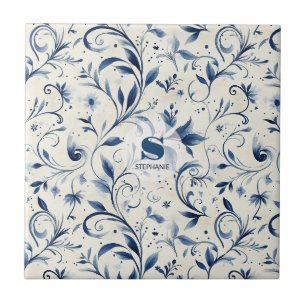 Blue Chinoiserie Watercolor Vine & Floral Ceramic Tile