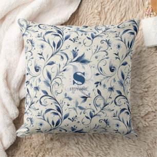 Blue Chinoiserie Watercolor Vine & Floral Throw Pillow
