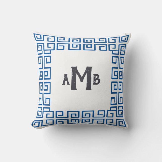 Blue Chinoiserie Wide Greek Key Border Monogram Throw Pillow (Front)