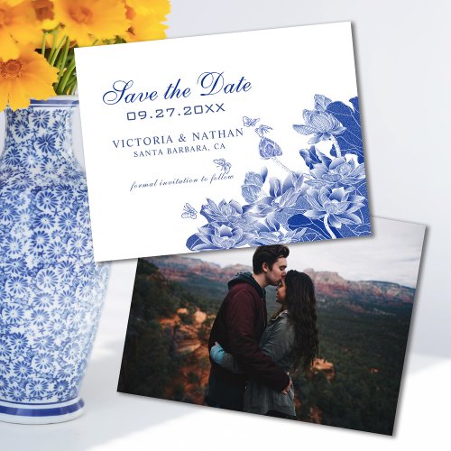 Blue Chinoiserie with Photo Wedding Save the Date