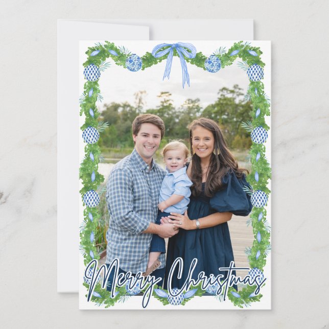 Blue Chinoserie Ornament Navy Frame Card (Front)