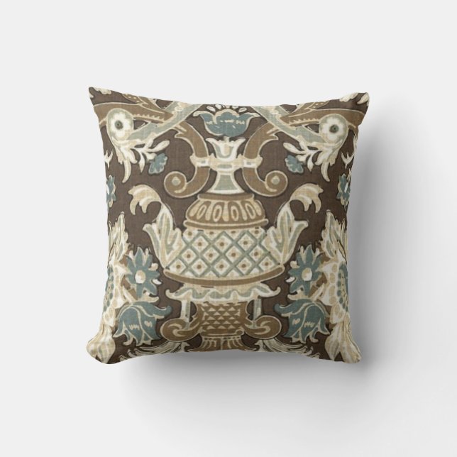 Blue,Choco Brown,Grey Floral Designed Thorw Pillow (Front)