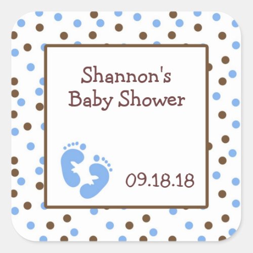 Blue  Chocolate Brown Baby Shower Favor with feet Square Sticker