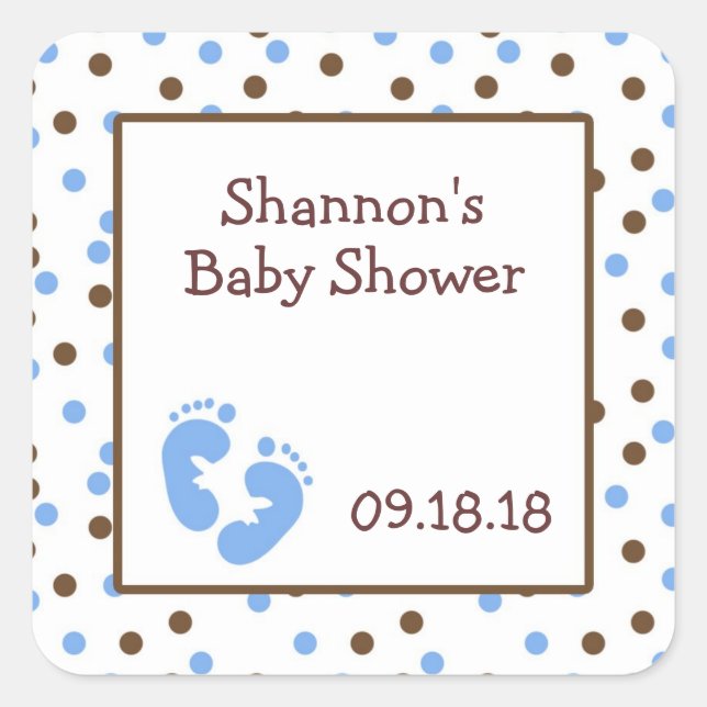 Blue & Chocolate Brown Baby Shower Favor with feet Square Sticker (Front)