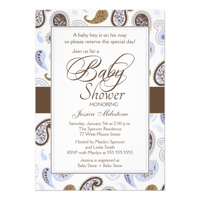 Blue + chocolate brown paisley baby shower invite