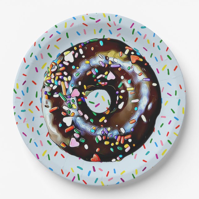 Blue Chocolate Donut with Sprinkles  Paper Plate (Front)