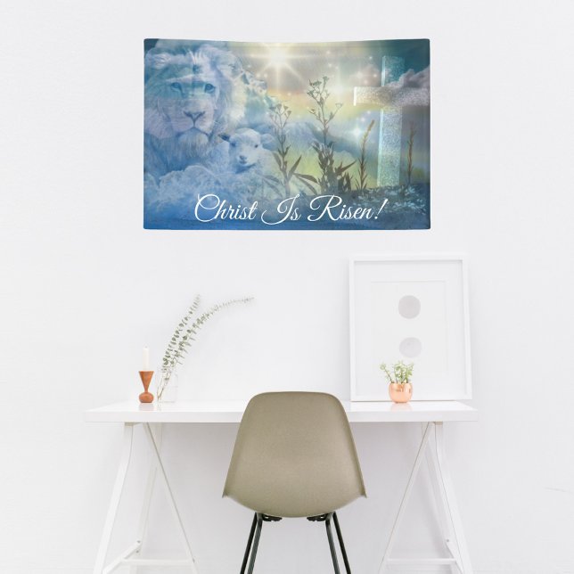 Blue Christ Is Risen Cross Lion Lamb Easter Banner (Creator Uploaded)