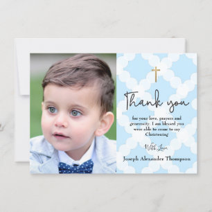Blue Christening baby boy photo thank you Card