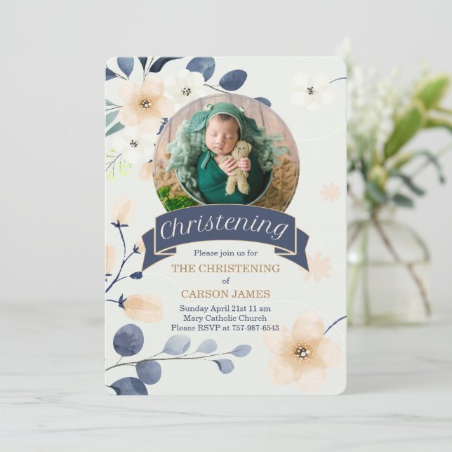 Blue Christening for Baby Boy Yellow Blossoms Invitation (Standing Front)