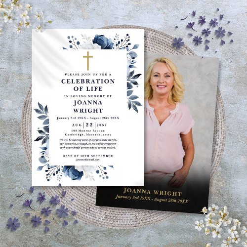 Blue Christian Celebration Of Life Funeral Photo Invitation