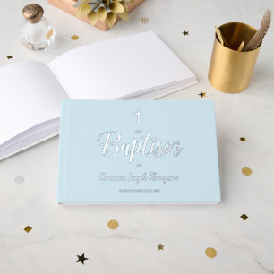 Blue Christian Cross Baby Boy Baptism Custom Foil Guest Book