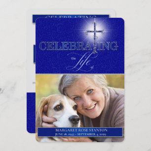 Blue Christian Cross Celebration of Life Photo Invitation