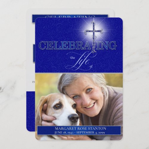 Blue Christian Cross Celebration of Life Photo Invitation