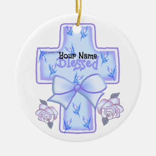Blue Christian Cross  Ceramic Ornament