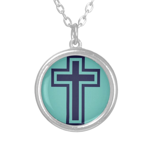 Blue Christian cross different variants Silver Plated Necklace (Front)
