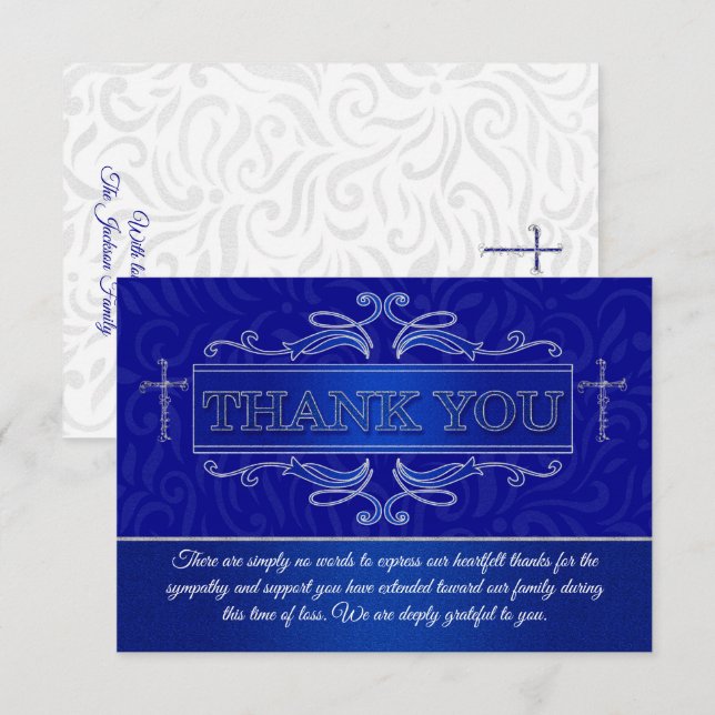 Blue Christian Cross Memorial Thank You Card (Front/Back)