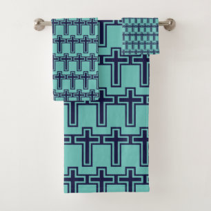 Blue Christian Cross Minimalist Faith Art Bath Towel Set