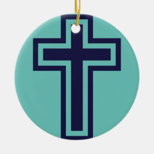 Blue Christian Cross Minimalist Faith Art Ceramic Ornament