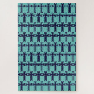 Blue Christian Cross Minimalist Faith Art Jigsaw Puzzle