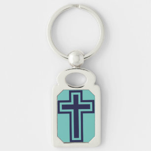 Blue Christian Cross Minimalist Faith Art Keychain