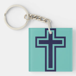 Blue Christian Cross Minimalist Faith Art Keychain
