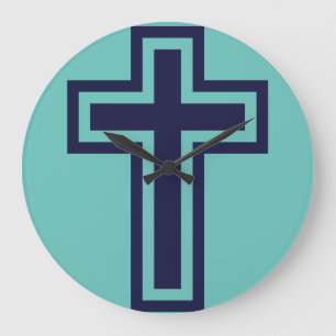 Blue Christian Cross Minimalist Faith Art Large Clock