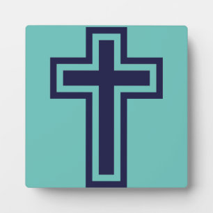 Blue Christian Cross Minimalist Faith Art Plaque